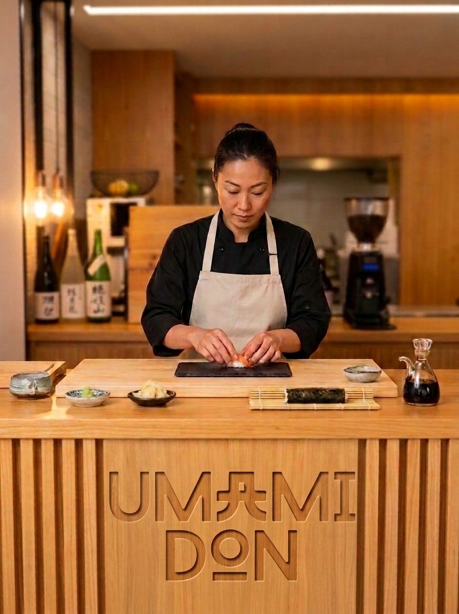 Chef a preparar nigiri ao balcão do Umami Don