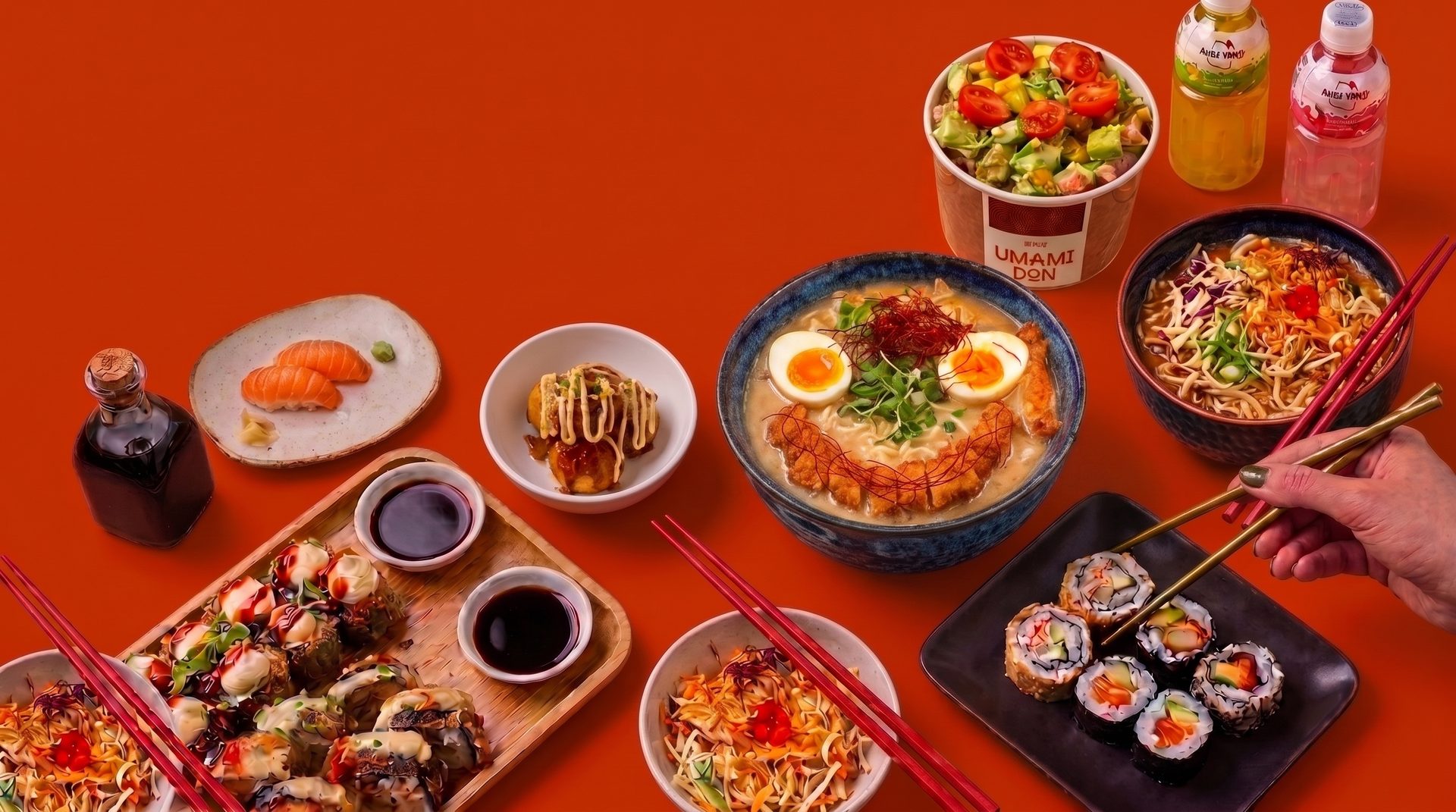 Mesa do Umami Don com ramen, sushi, bowls e bebidas