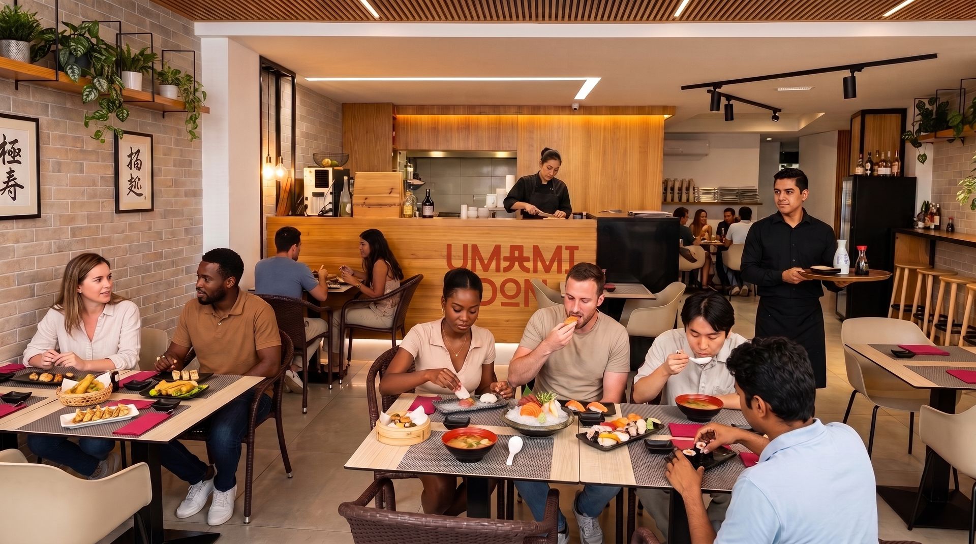 Sala do Umami Don com clientes à mesa